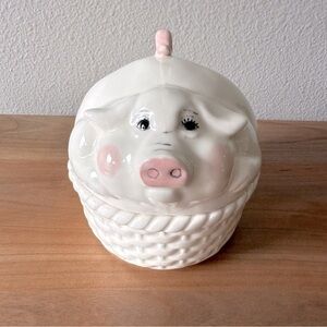 Vintage pig trinket keepsake box w/lid white porcelain farmhouse country